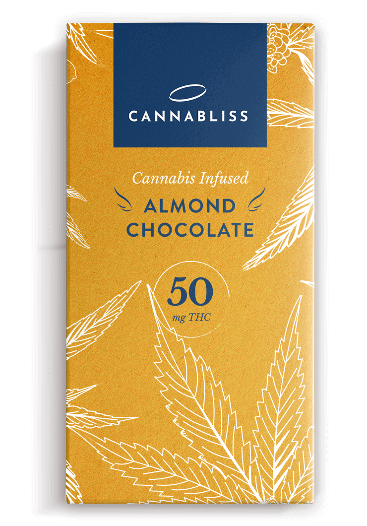 Almond chocolate infused with cannabis, 50mg THC, for relaxation and pain relief.