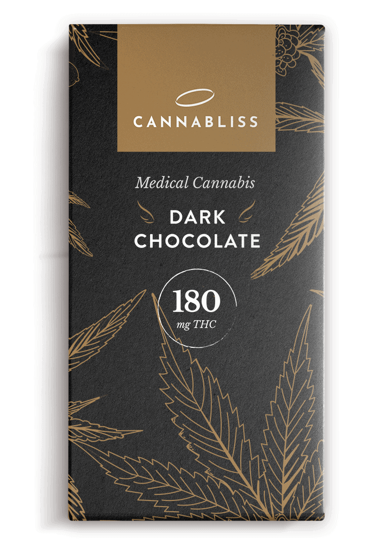 Cannabis edible dark chocolate with THC, 180mg, for medical cannabis users.