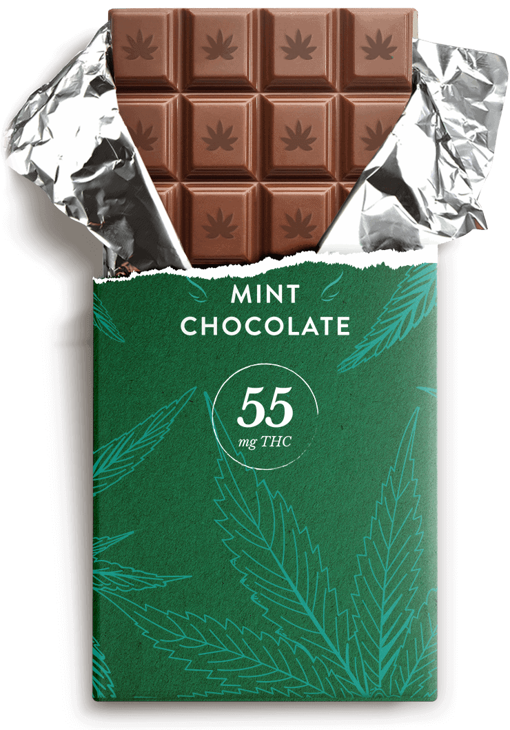 CBD-infused mint chocolate bar with 55mg THC, perfect for relaxation.