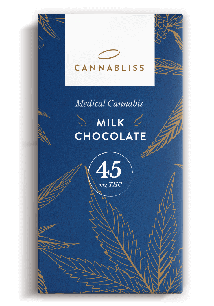 Cannabis-infused milk chocolate bar with THC, 45mg, for medical use.