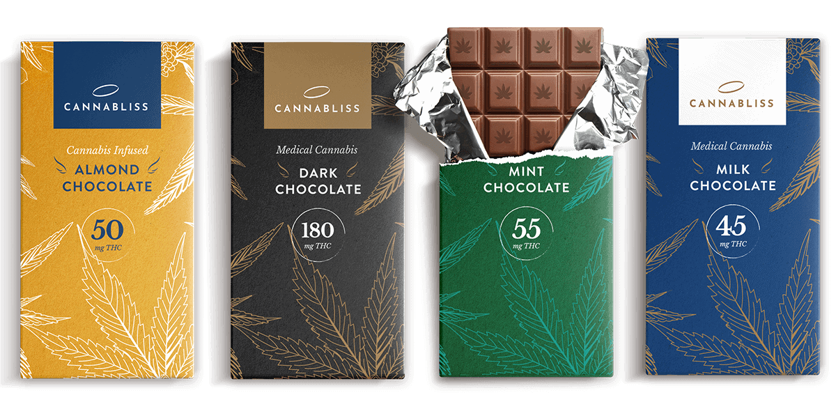 Assorted Cannabliss cannabis-infused chocolates in almond, dark, mint, and milk flavors.