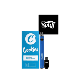 Blue Cookies vape pen with packaging and USB charger at Dispensary.