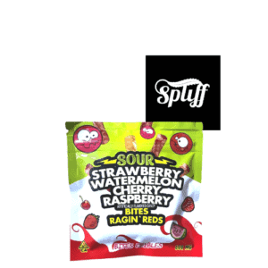 Sour fruit gummies with strawberry, watermelon, cherry, and raspberry flavors at Spliff Nation.