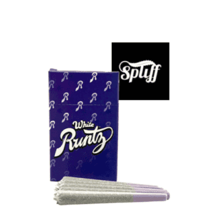 Pre-rolls in a dispensary, White Runty brand, for recreational and medical cannabis use.