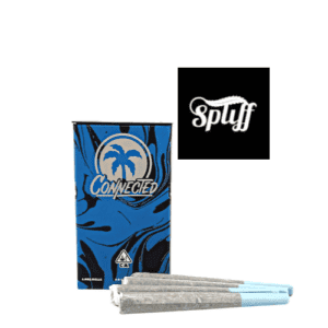 Connected pre-rolls with blue packaging and Spliff logo at dispensary.