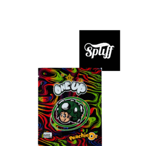 Logo of Spliff Nation with colorful cannabis product packaging featuring Peachie O strain.