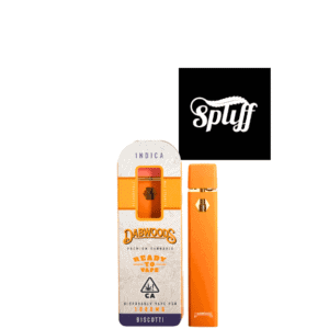 Dabwoods disposable vape pen with Indica strain, orange design, and logo.