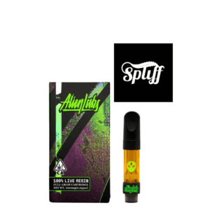 Alien Labs live resin cannabis cartridge with alien head logo, vibrant packaging, and black mouthpie.