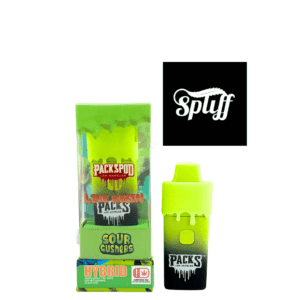 Bright green vape pen with "Packs" branding at Spliff Nation Dispensary.