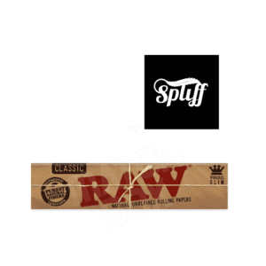 Logo of Spliff Nation with Raw unrefined rolling papers at dispensary.