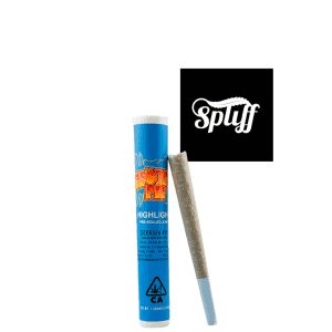 Pre-rolled joint in blue tube at Spliff Nation dispensary.