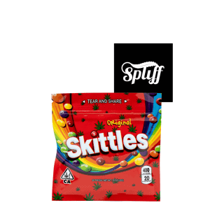 Skittles-themed cannabis edibles package at Dispensary.