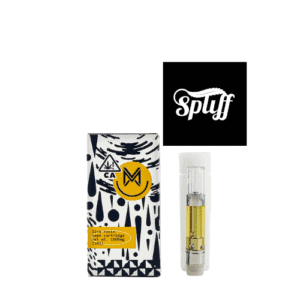 Cannabis vape cartridge with yellow oil and packaging at Spliff Nation dispensary.