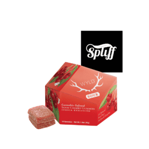 Sour cherry cannabis-infused gummies in festive packaging.