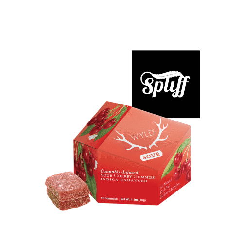 Cannabis Sour Cherry Gummies Sour cherry cannabis-infused gummies in festive packaging.