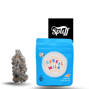 Cannabis-infused cereal milk in blue packaging at Spliff Nation Dispensary.
