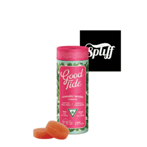 Cannabis-infused gummies in a pink container with two gummies in front.