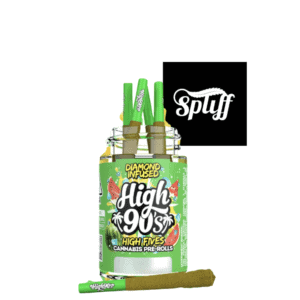 Cannabis pre-rolls in a jar with High 90s branding at Dispensary.