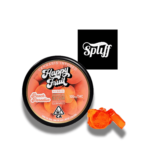 Cannabis-infused Happy Fruit gummies with peach flavor and 100mg THC.