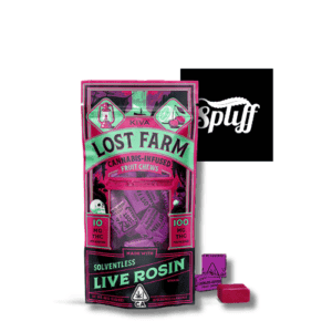 Cannabis-infused fruit chews from Lost Farm with live rosin, THC 10mg, 100mg per package, solvenless.