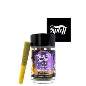 Close-up of Sugar Sweeties pre-rolls with cannabis oil and kief, in front of Spliff Nation logo.