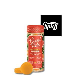 Grapefruit-flavored cannabis-infused gummies in orange container at Spliff Nation dispensary.