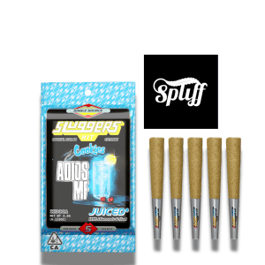 Juiced Cookies Adios MF disposable vapes with five flavor cartridges at Spliff Nation Dispensary.