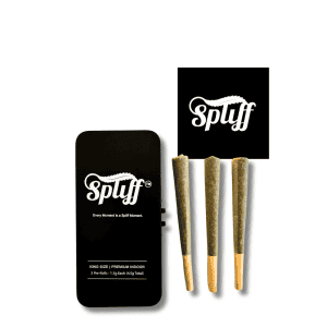 Three cannabis pre-rolls with a black Spliff logo on a device, dispensary branding.