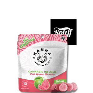 Cannabis-infused Pink Guava Gummies from Kanha, perfect for sativa effects.