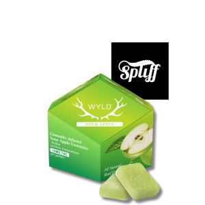 Cannabis-infused Sour Apple Gummies with hash rosin, available at Spliff Nation Dispensary.
