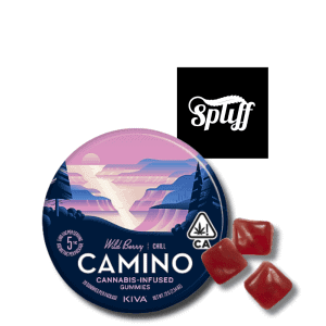 Kiva Camino Chill Wild Berry Gummies 100mg THC tin with berry flavored cannabis gummies
